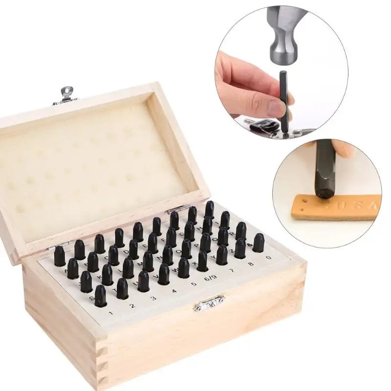 36pcs Stainless Steel Letter Number Stamping Metal Punch Stamp Set Tool Kit For Leather Wood Craft with Wood Box