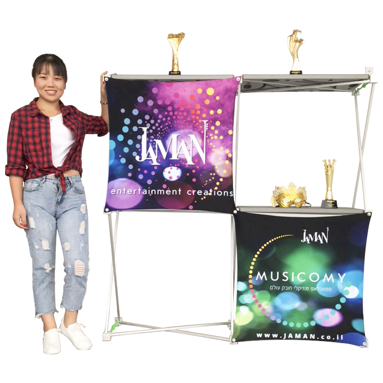 Aluminum trade show fold up 3D pop up stand back drop banner stand with shelves