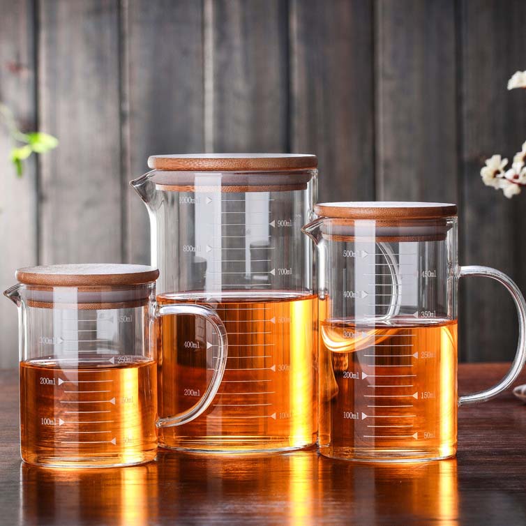 350 мл 500 мл 1000 мл pyrex мерная стеклянная чашка с бамбуковой крышкой