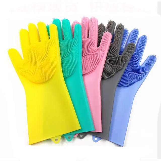 Good quality kitchen cleaning dishwasher dishwashing gloves silicone with scrubber made in China