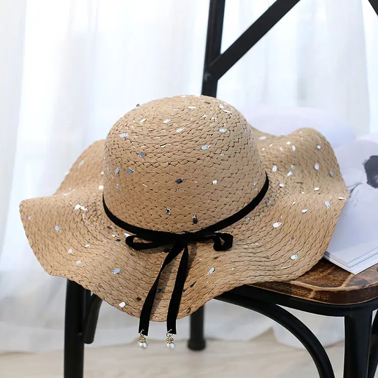 Female Summer Korean Style Straw Sequins Sweet Bowknot Wavy Side Broad Brim Beach Hat