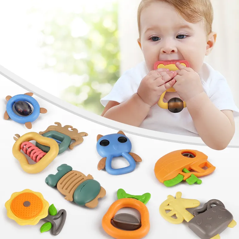 Tumama Plastic Infant Training Wrist Rings Beads Rattle Set Texture Teething Toy Baby Silicone Teether Toys For Baby