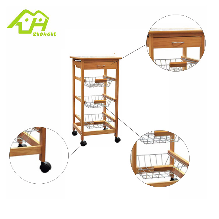 Tile Top Stainless Steel Baskets vegetable Wood 3 tier kitchen cart