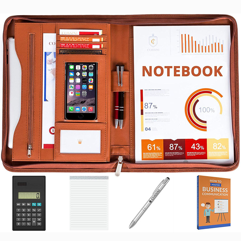 Фабрика изготовленный на заказ a4 застежка-молния кожаный padfolio папка для конференций, стильные портфельные с калькулятором, слот для карт, ручка-петля, блокнот
