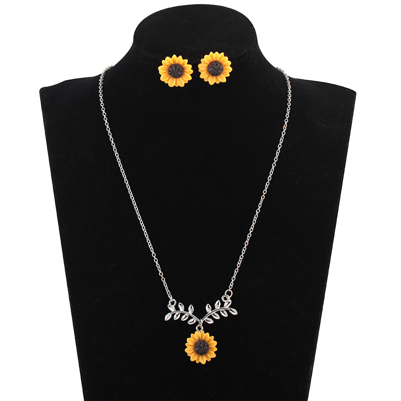 Sunflower Earrings And Necklace Leaf Tiny Flower Women Jewelry Set