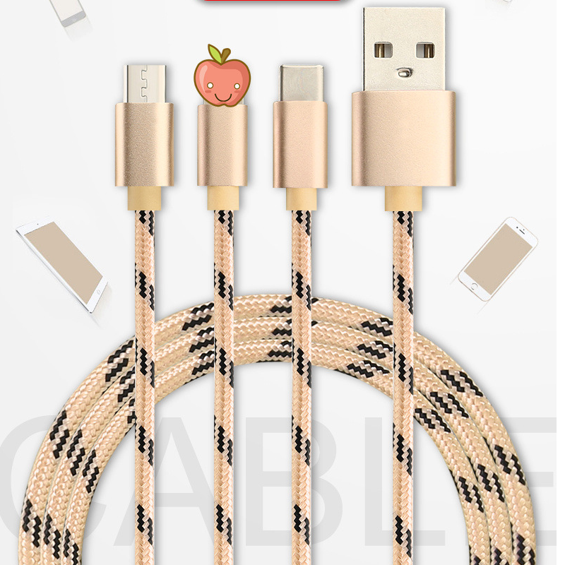 Usb-кабель для передачи данных 2A, кабель для быстрой зарядки, зарядное устройство для телефона, usb-кабель для зарядки, нейлон, 1 м, Micro Usb Type-C, Ios, кабель 3 в 1, кабель для передачи данных
