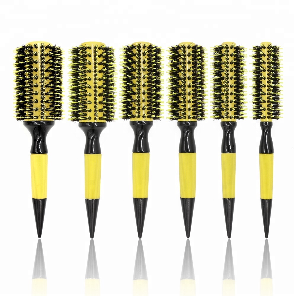 Shining Yellow Ceramic Coating Barrel Round Brush Boar Bristle Curling Hair Brush