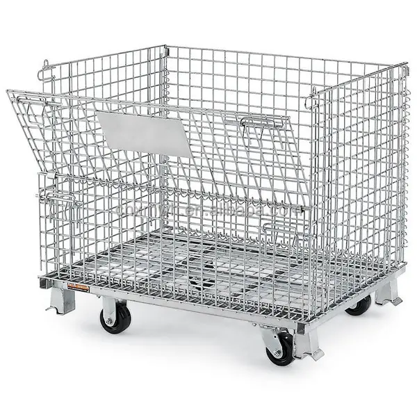 Pallet Rack Metal Steel Galvanized Collapsible Wire Mesh Container with Wheels