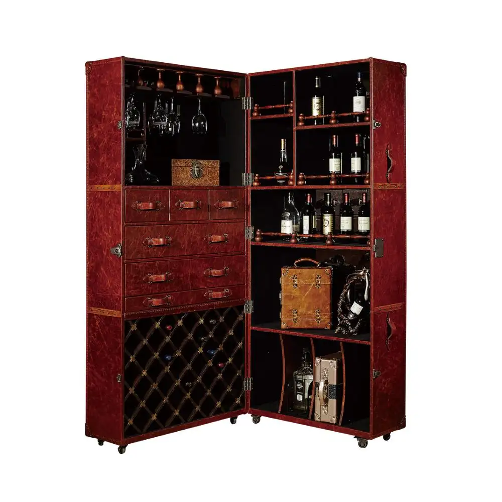 Custom Antique Style Solid Wood Home Bar Trunk Cabinet Living Room Leather Display Wine Cabinet
