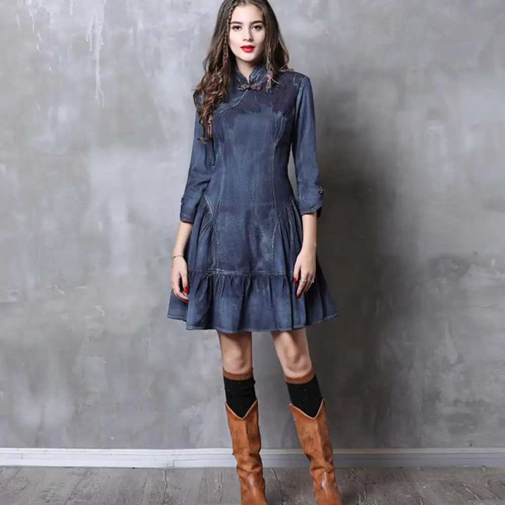 Casual Buttoned cheongsam embroidered ruffled Denim Dress For Ladies
