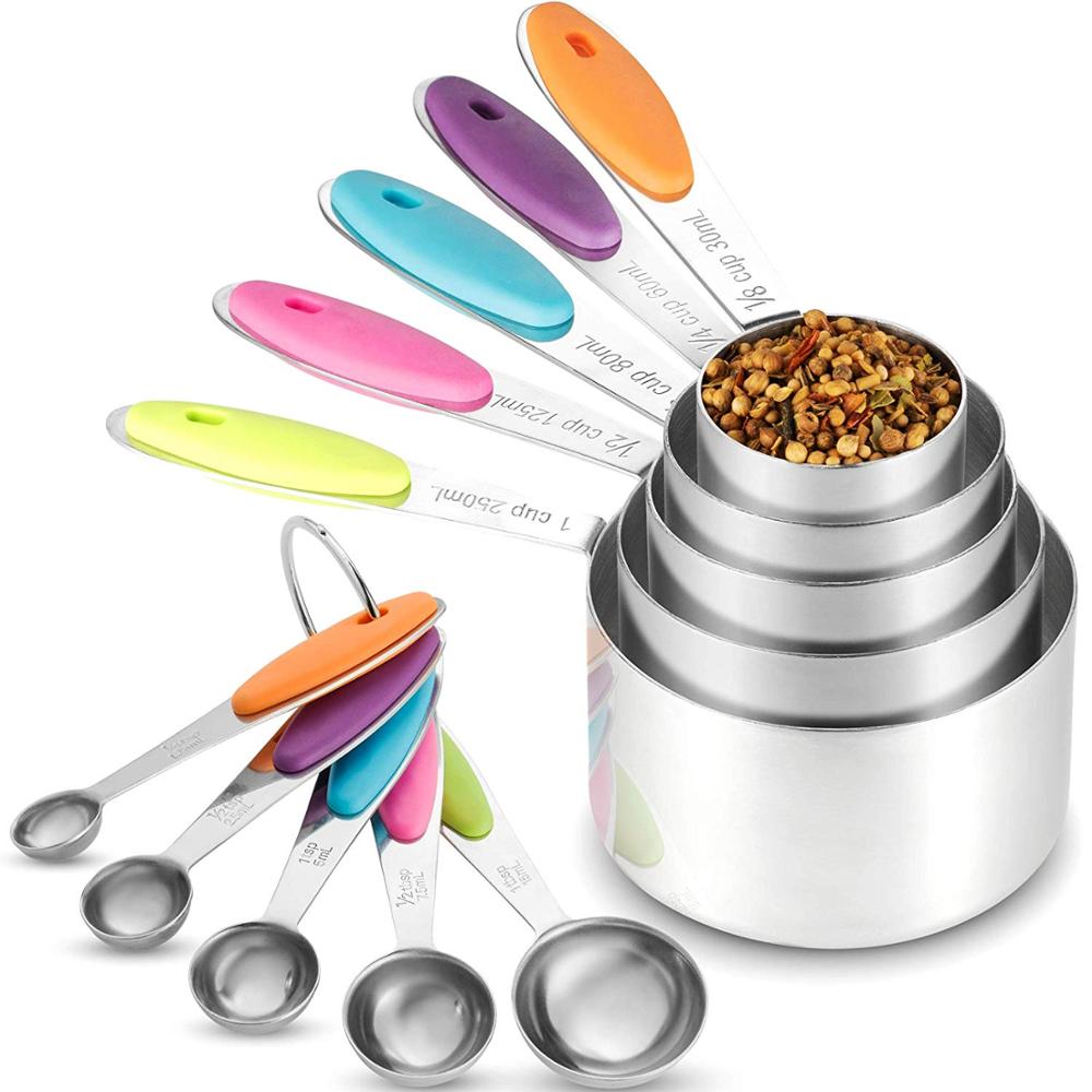 Amazon Best продажи нержавеющая сталь мерная чашка и ложка набор из 10 удобная Силиконовая ручка