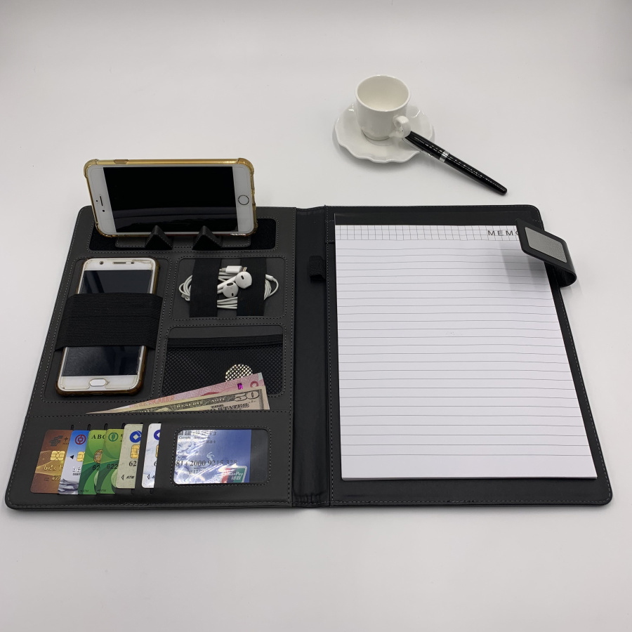 in stock a4 pu leather business portfolio conference file folder cover organizer agenda manufacture clip notepad power bank