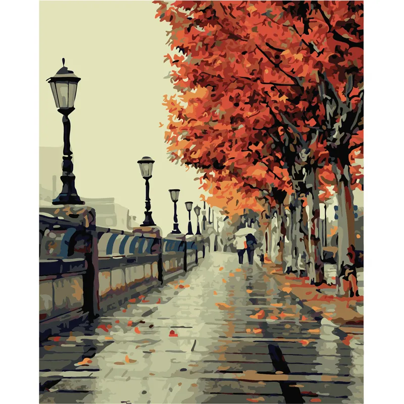 Diy Canvas Oil Painting Sidewalk Under The Maple Posters And Prints Drawing Canvas Home Decor Figure Wall Pictures