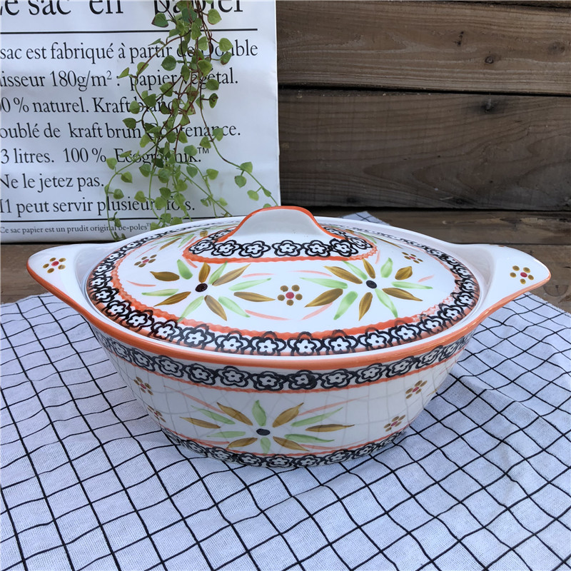 Прочная Керамическая суповая кастрюля с крышкой и красивыми наклейками овальной формы