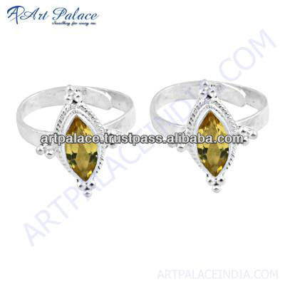 Indian Designer Citrine Gemstone Silver Toe Rings, 925 Sterling Silver Jewelry