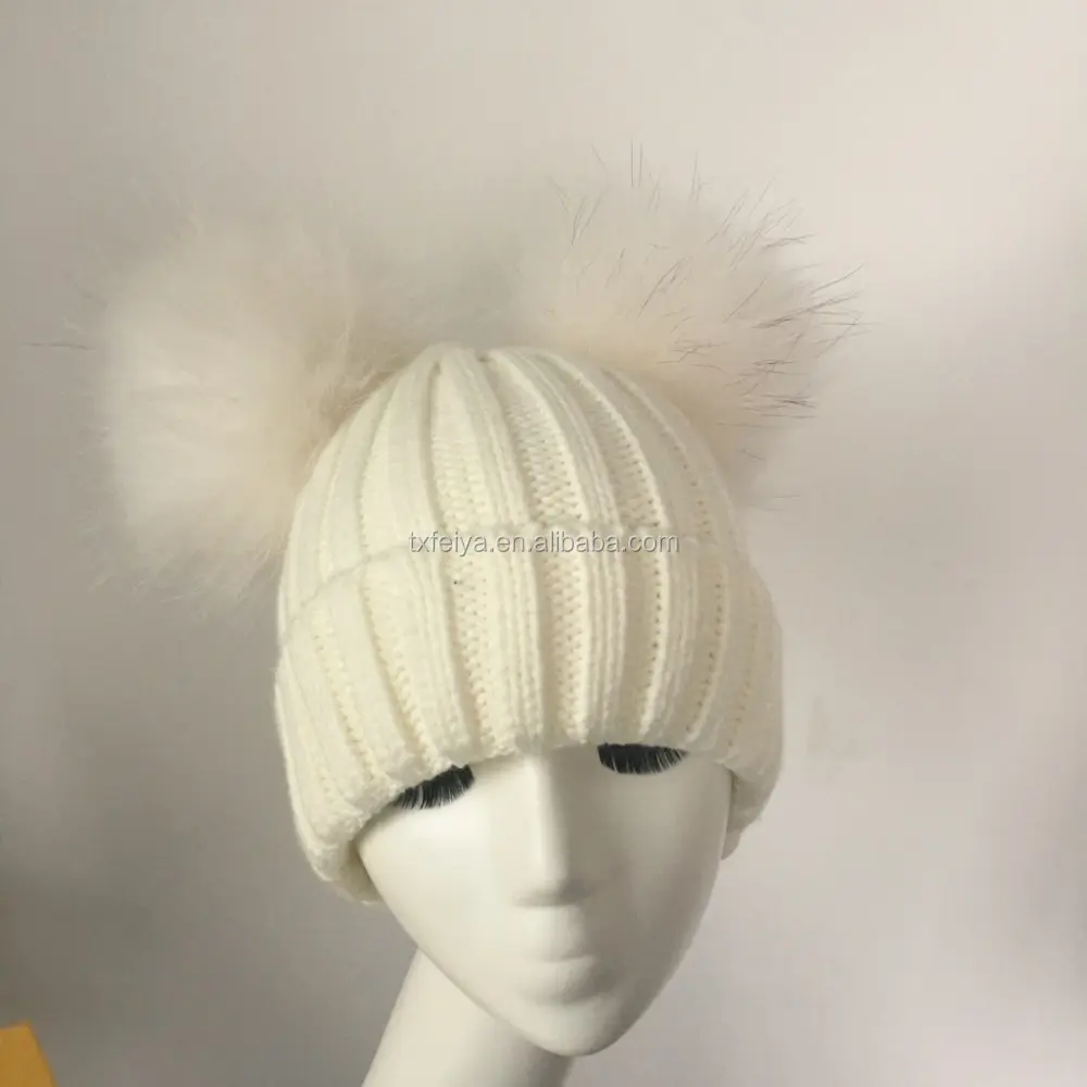 Fur Pompom Hat 2017/2018 Winter Raccoon Fur Pompom Hat Crochet Beanie Hat Double Fur Balls