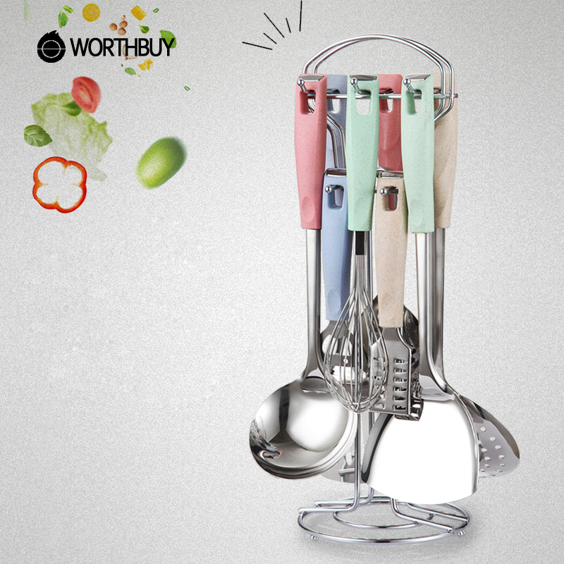 WORTHBUY 9 шт./компл. многофункциональный набор кухонных инструментов из нержавеющей стали, ручка из пшеничной соломы, набор кухонной утвари для ресторана, аксессуары