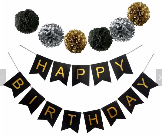 Happy birthday black banner with gold word and gold black silver Paper ball
