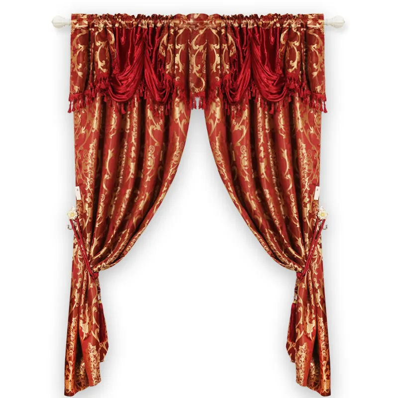 Hot Sales Red Luxury Curtains with Valance Modern Jacquard Curtains Elegant Living Room Curtains Window Drapes Cheap Fabric