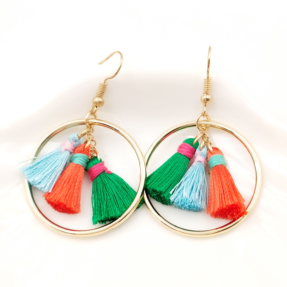 Bohemian Colorful Long Fringe Tassel Earrings Set, 3 Layer Fan Tassel Hoop Earrings