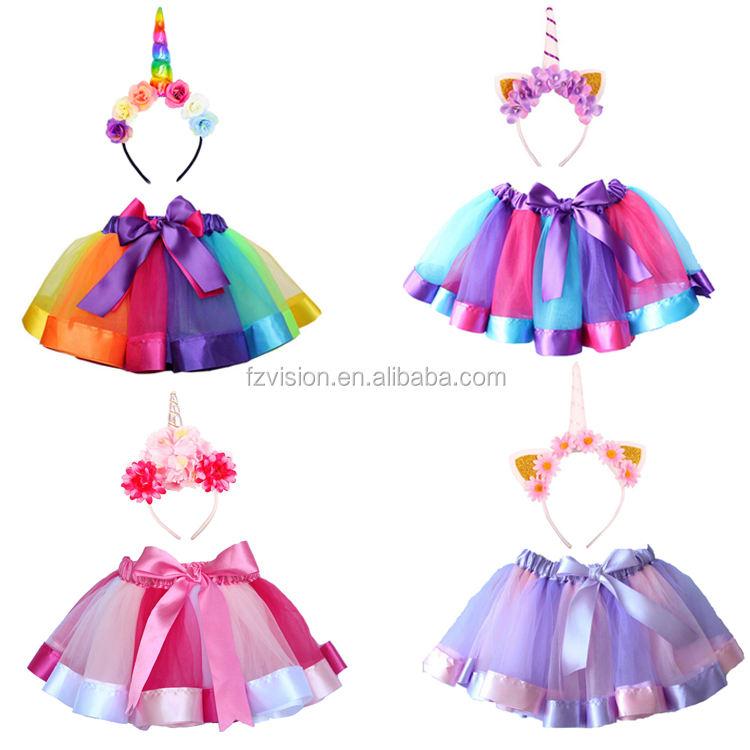 Girls Costume Kit Tulle Kids Rainbow Tutu Skirt and Unicorn Headband Birthday Party Costumes
