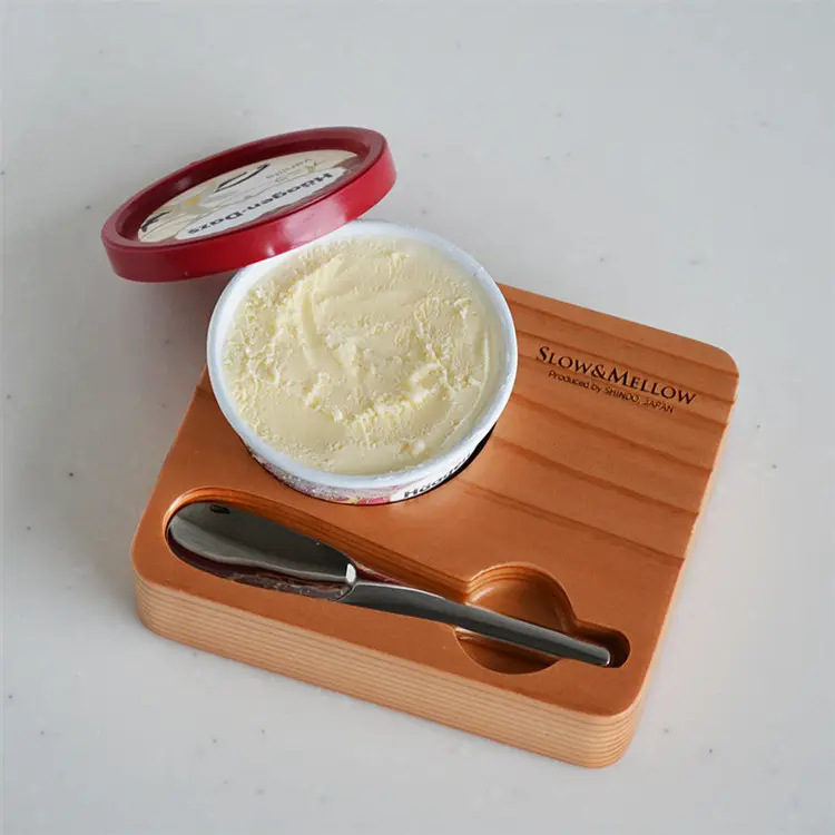 Copper Ice cream Spoon Temperature melts hard rock Ice cream with Wooden Tray (Made in Japan)