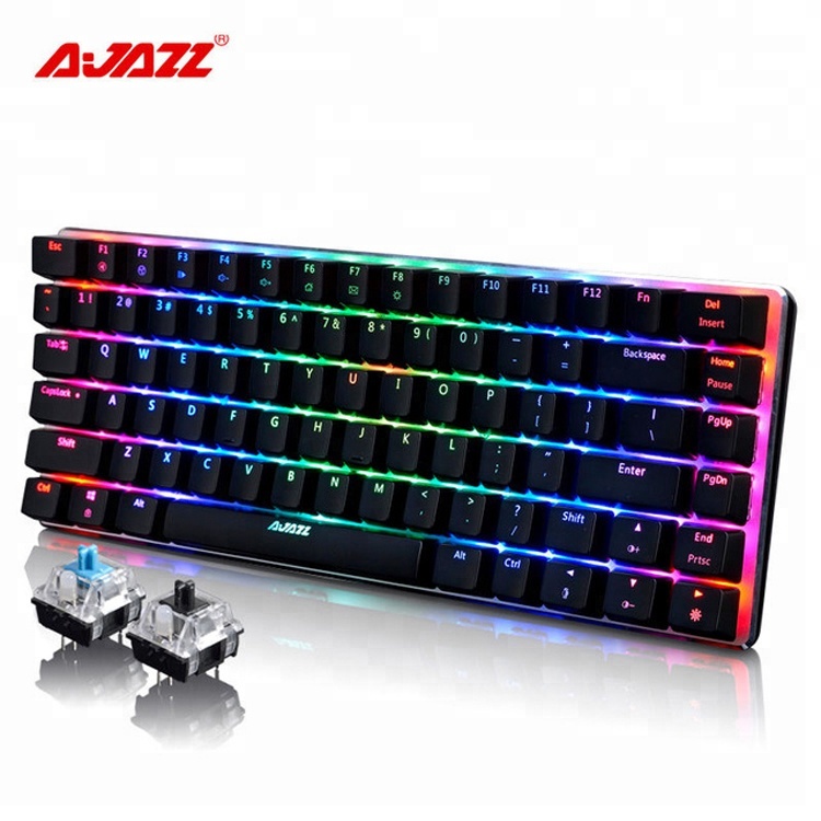Клавиатура Ajazz Механическая игровая Проводная, 87 клавиш, русская и английская раскладка, RGB-подсветка, 82 клавиши, не требует конфликта, черная/синяя, Swithc AK33