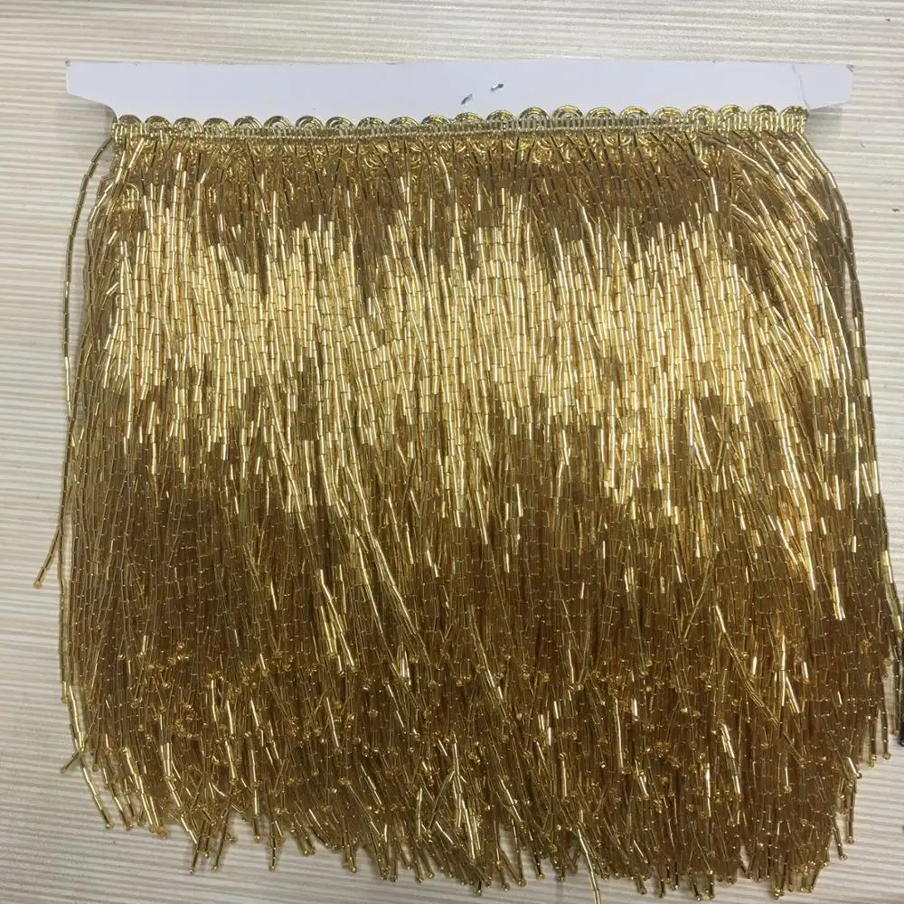 Wholesale Glass Beaded Fringe By the Foot, Silver-Lined Golden Trim Fringe