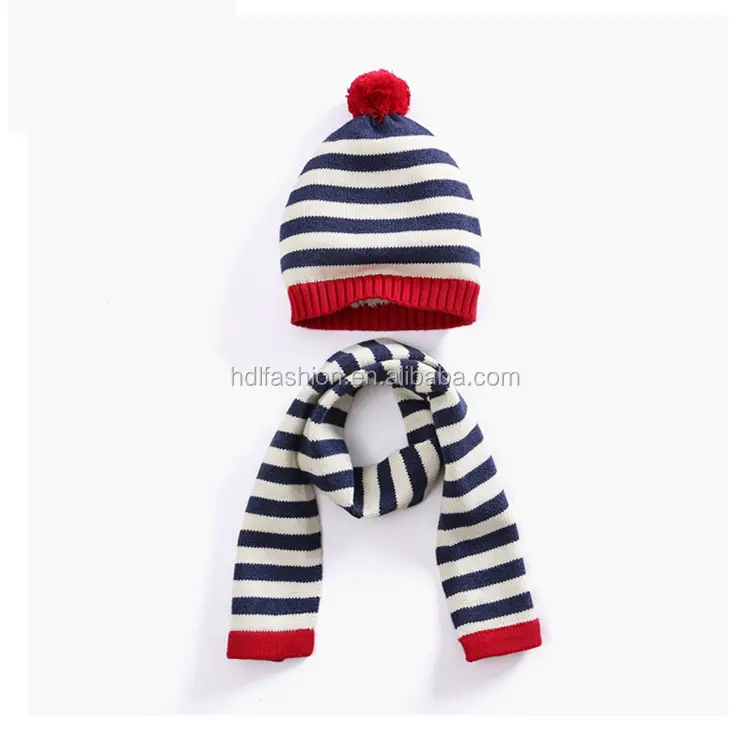 High quality kids outdoor warm stripes knit pattern wool knitted winter hat and scarf set