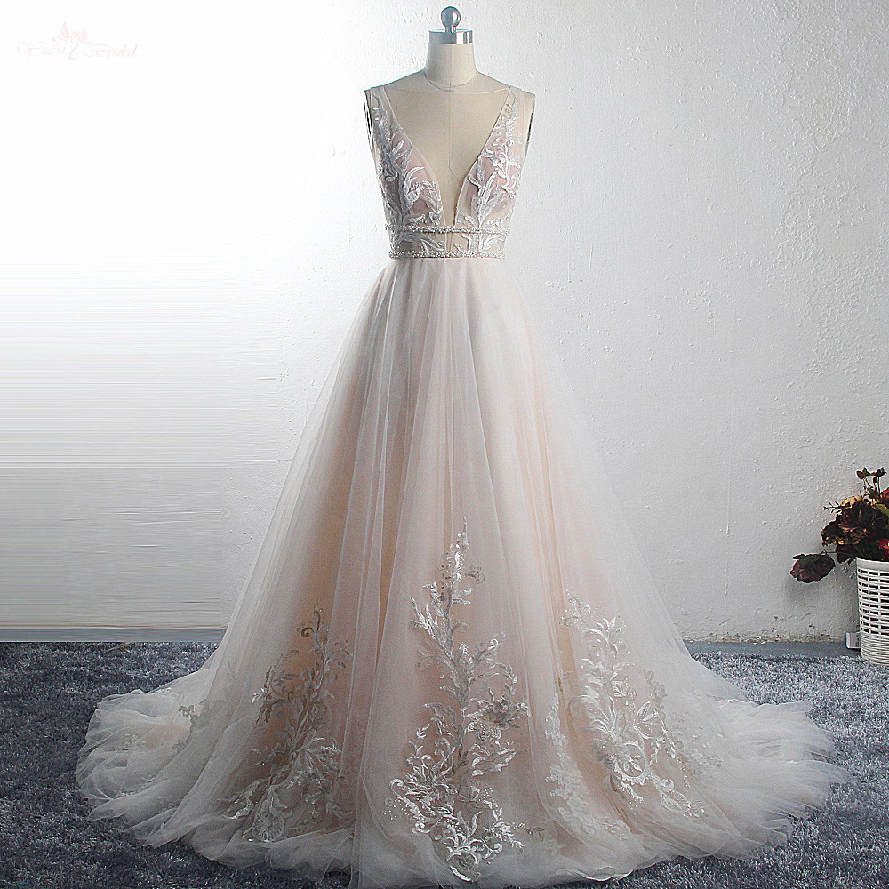 RSW1493 высокое качество Vestido De Noiva без рукавов Глубокий v-образный вырез Румяна Розовый Бохо кружева пляжное свадебное платье