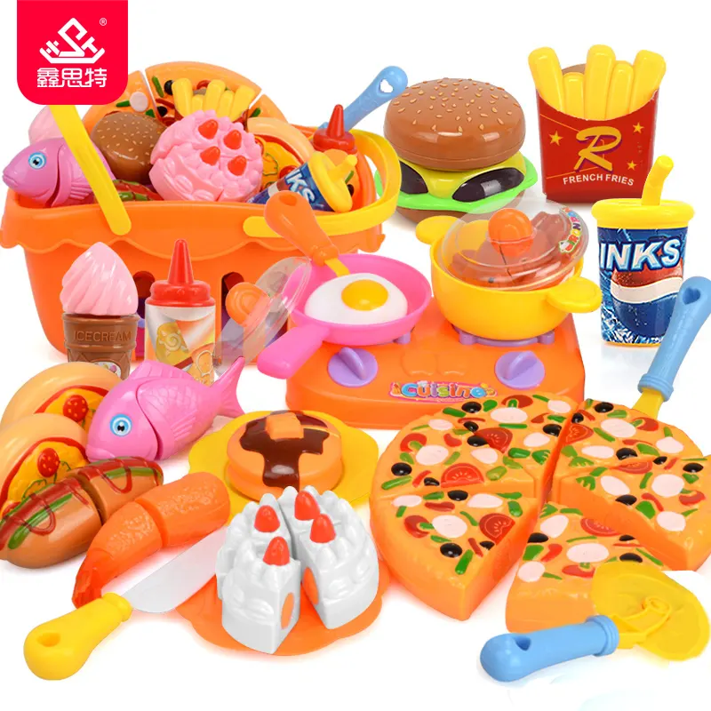 Children Pretend Play Plastic Kitchen Food Toy Restaurant Hamburger Pizza Cake Cola Fruit And Vegetable Cut Toy