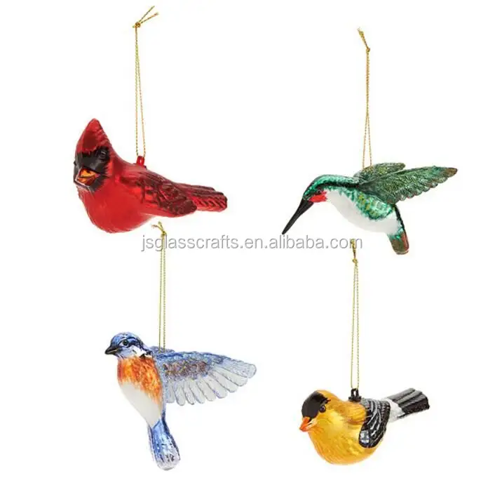 Set/4 glass bird with stunning hand painted blown bird ornament
