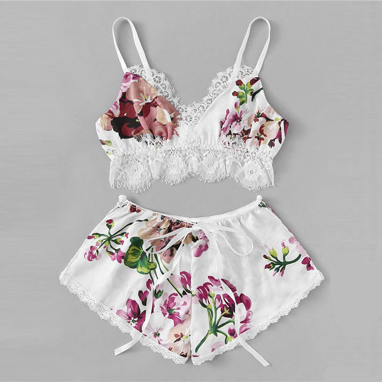 China satin sexy lace short pajama silk nighty women lingerie set
