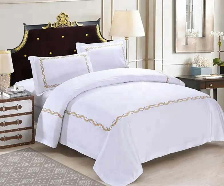 Cotton sateen double size hotel embroidered duvet cover set