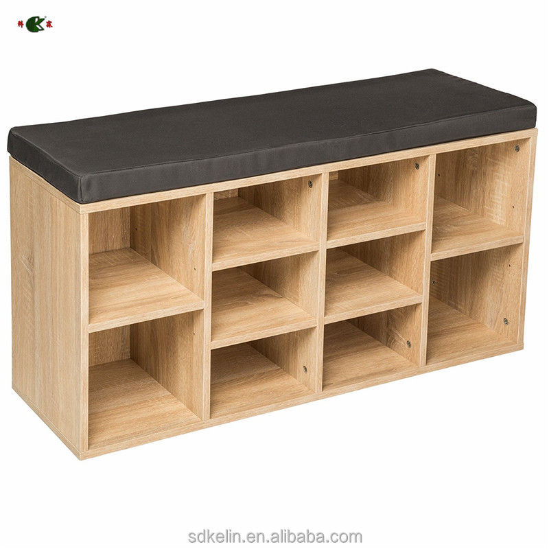 Chinese simple mdf /particle board new modern stand wood shoe cabinet with cushion seat
