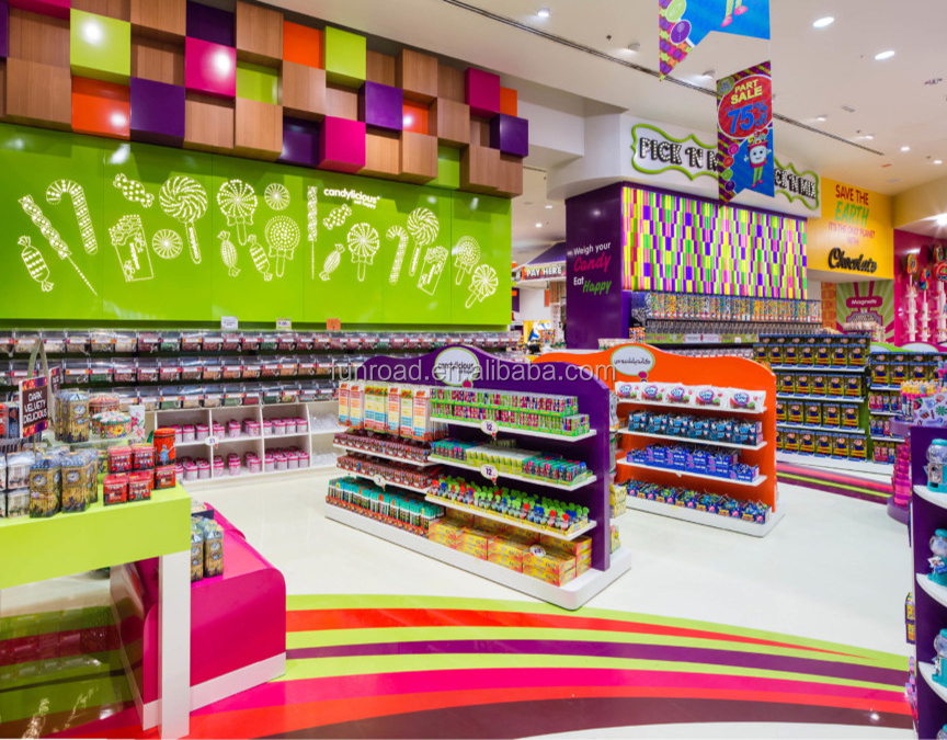 Factory wholesale candy shop interior design with display shelves and stand