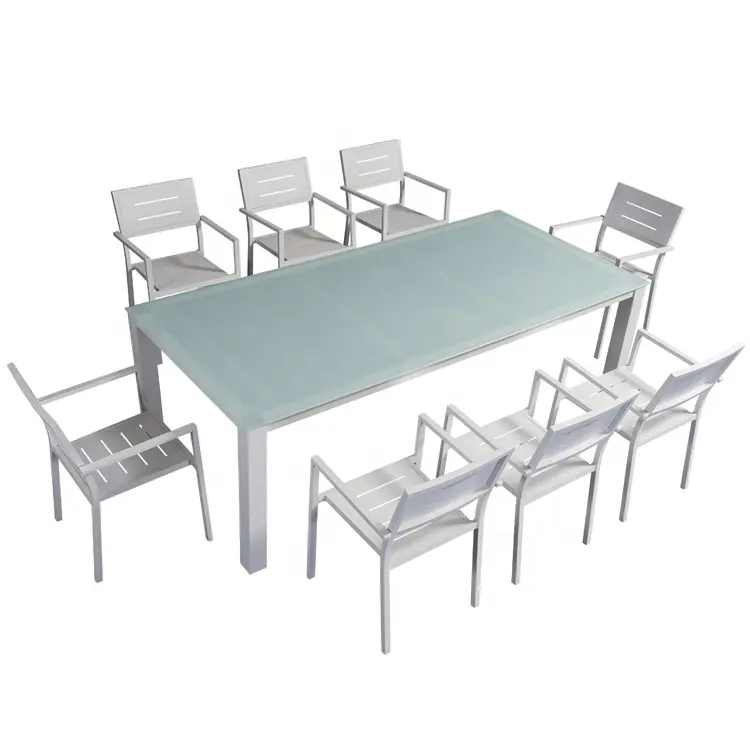 Rectangle Restaurant 8pcs Aluminum Outdoor Garden Patio Furniture Tempered Glass Dining Table Set