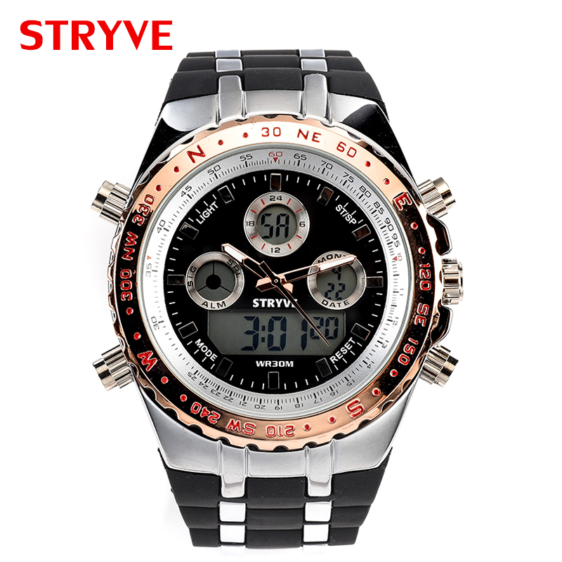 Stryve Brand Luxury Watches Army Military Heavy Dial Dual Time Alarm Led Analog Clock Waterproof Men Sports Quartz Digital Watch