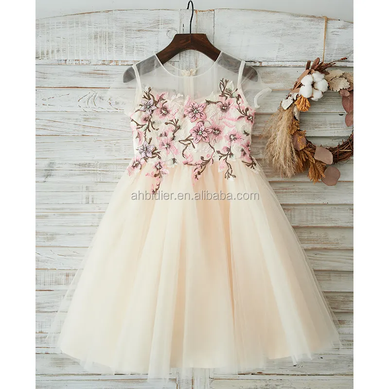 Short Sleeves Colorful Lace Champagne Tulle Wedding Flower Girl Dress Princess Birthday Party Dress Kids Baby Girl Dress