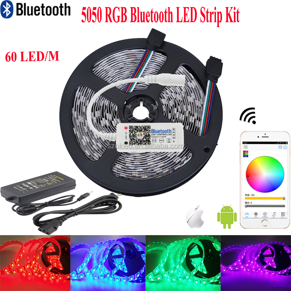 Лидер продаж! 5050 RGB Bluetooth LED светодиодные полосы 5 м комплект с светодиодный контроллер Bluetooth и DC12V США ЕС адаптер
