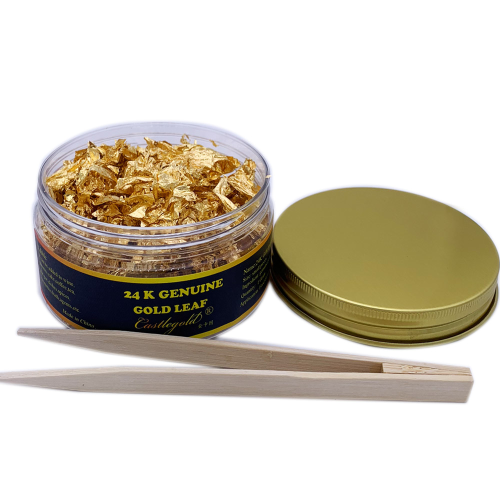 Hot selling genuine foil Chinese 24k edible gold leaf flakes 24 K 99% Pure Gold For Coffee Tea Drinks Decoration with best price