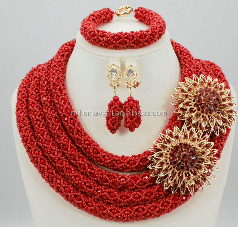 lovely design jb186-2 coral 4 layer handmade coral colorful design Nigerian Wedding Beads Jewelry Set
