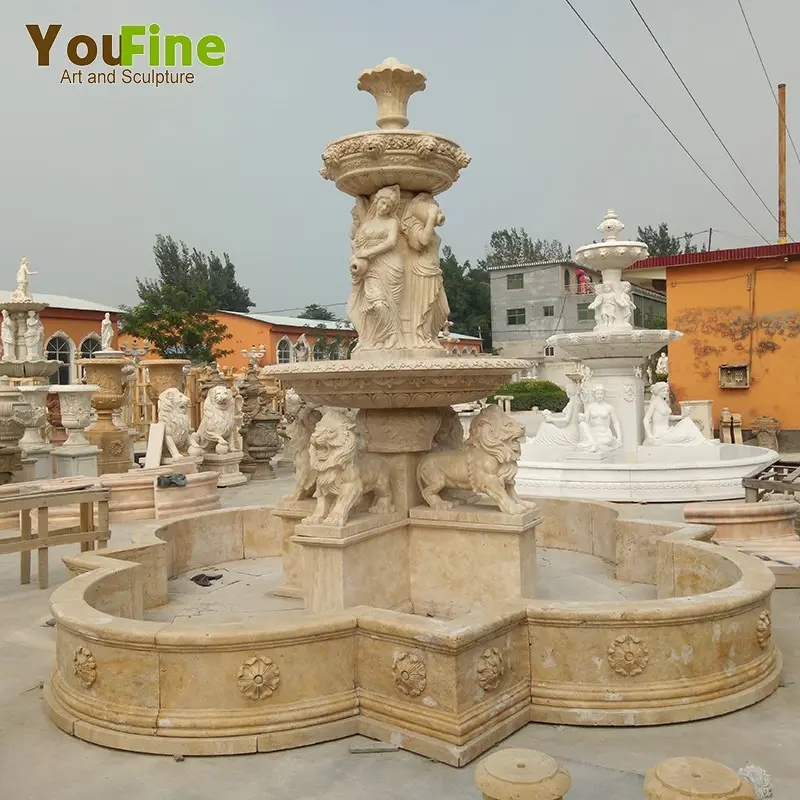 Quyang Marble Lion Fountain with Female Statue for Decor