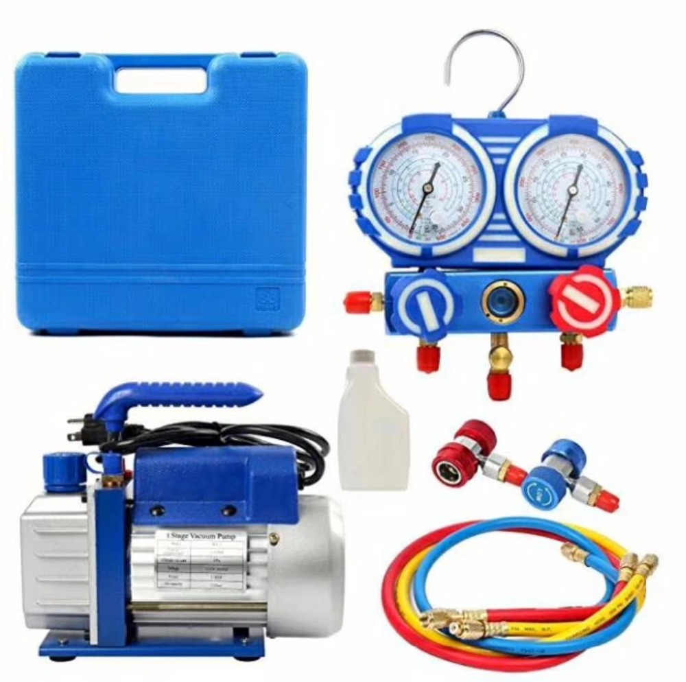 Brazil plug 110v/60hz 3/4hp hvac gas suction 9 cfm vacuum pump for central AC system with R410A manifold gauge