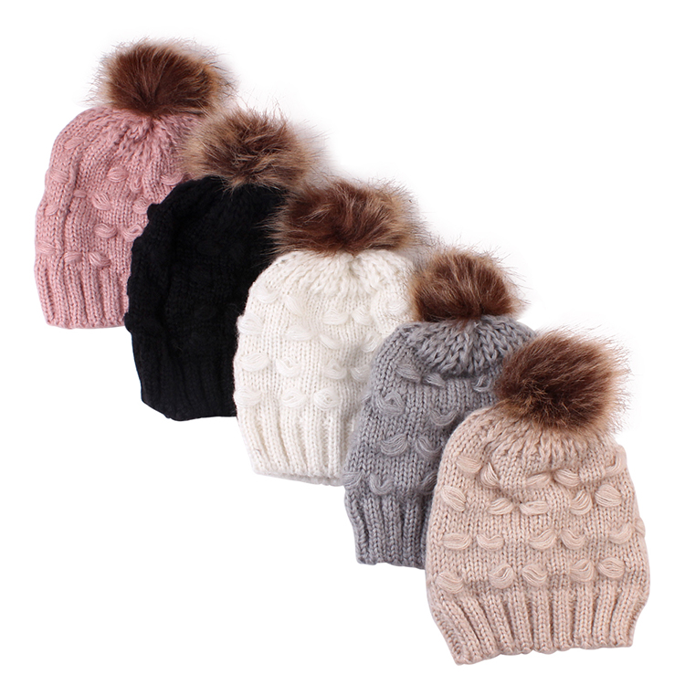 100% acrylic beanie wholesale custom baby girl faux fur pom pom knit cap kids winter hats