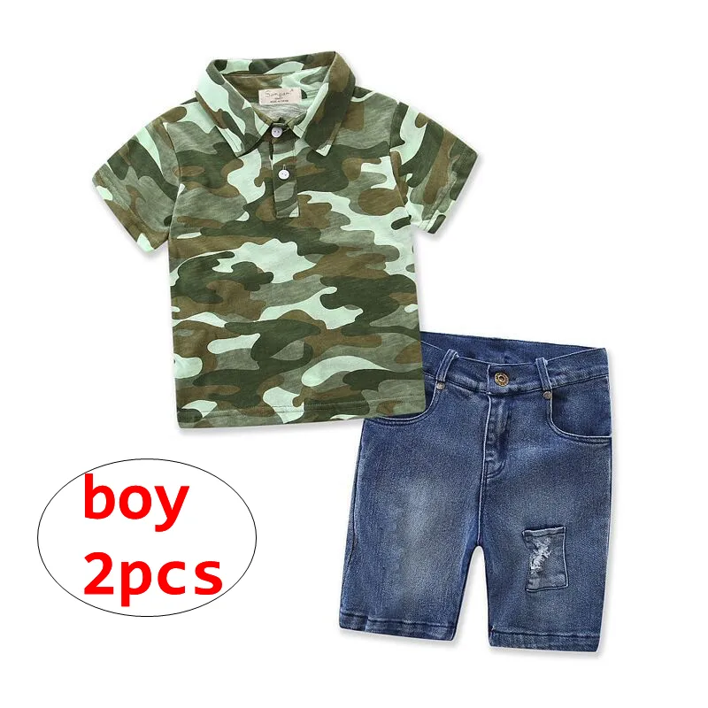 Boy Summer Camouflage Clothing Set Toddler Short Sleeve T-shirt + denim shorts 2pcs Outfit for 2-7T