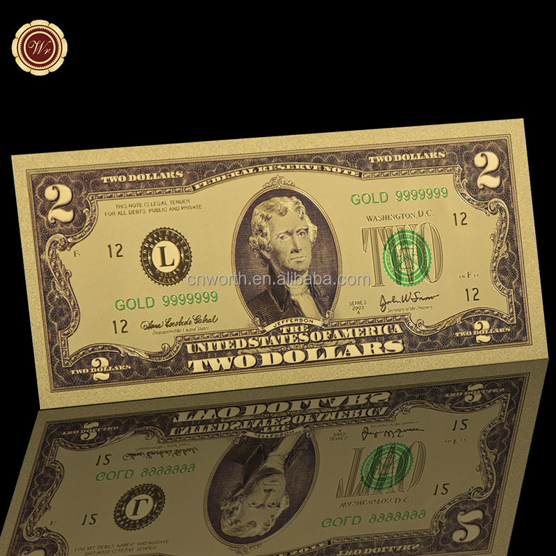 Wr USD 2 Золотая банкнота цветная американская валюта бумага для копирования денег для домашней коллекции