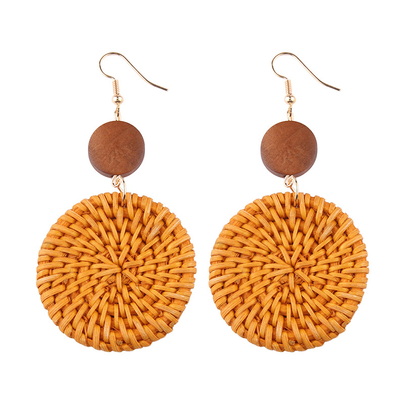 New Trendy Handmade Rattan Weave Drop Earrings With Wooden Bead Bamboo Dangle Earrings For Women Ladies Jeweries Earing