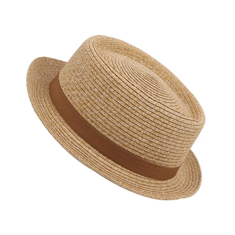 Men's Fedora Sun Beach Flat Boater Cap Pork Pie Straw Hat with Upturn Brim