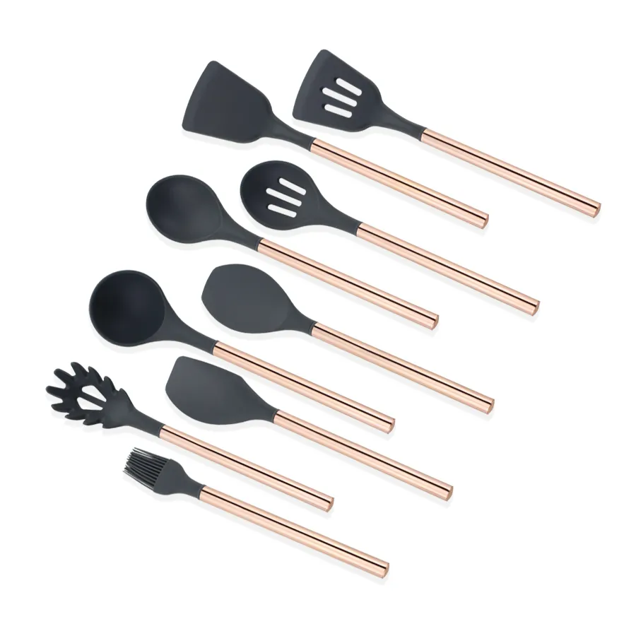 Kitchen Silicone Utensil Set Amazon Hot Selling Nonstick 9PCS Rose Gold Stainless Steel Handle Silicone Cooking Kitchen Utensils Set
